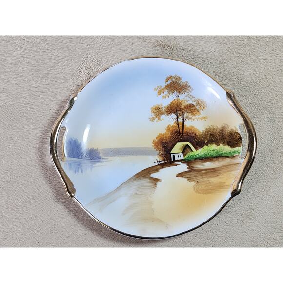 Nippon Bowl w/ Handle Cottage Landscape 7" Gold Trim 1891 - 1921 Hand Painted - Picture 7 of 13